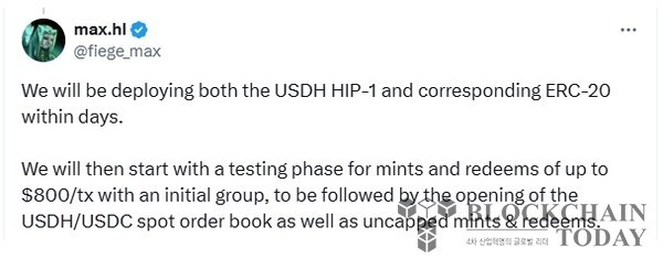 (출처=X/fiege_max) 네이티브 마켓의 창립자 맥스 피지가 X를 통해 "곧 USDH HIP-1과 해당 ERC-20을 모두 배포할 예정"이라고 밝혔다.
