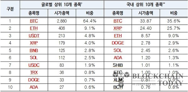 (출처=금융위원회) 국내외 가상자산 시가총액 상위 10개 비교